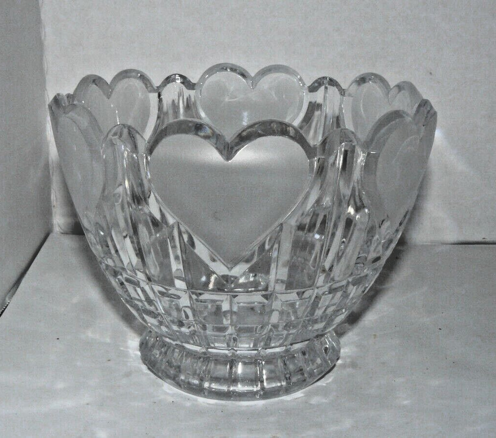 Bowl Vase Etched Hearts Footed Base - 24% PbO Lead Crystal - 1986 Love Vintage
